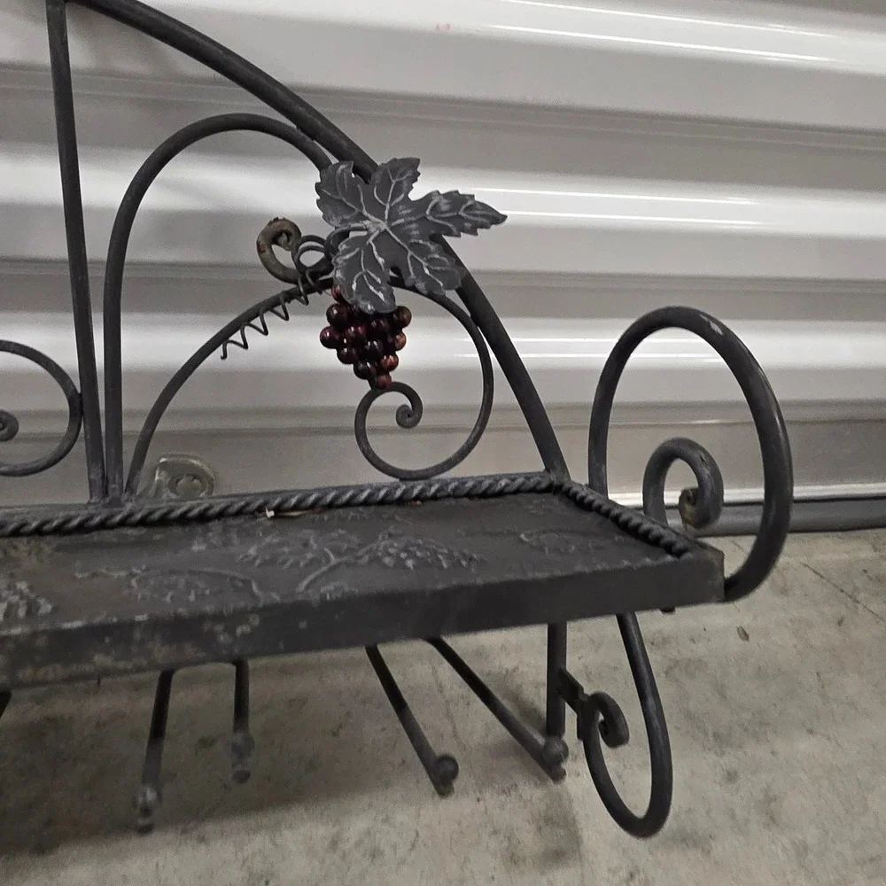 Wrought Iron Wall Mounted Wine Rack Stemware Glass Holder Grape Leaf Rustic Deco